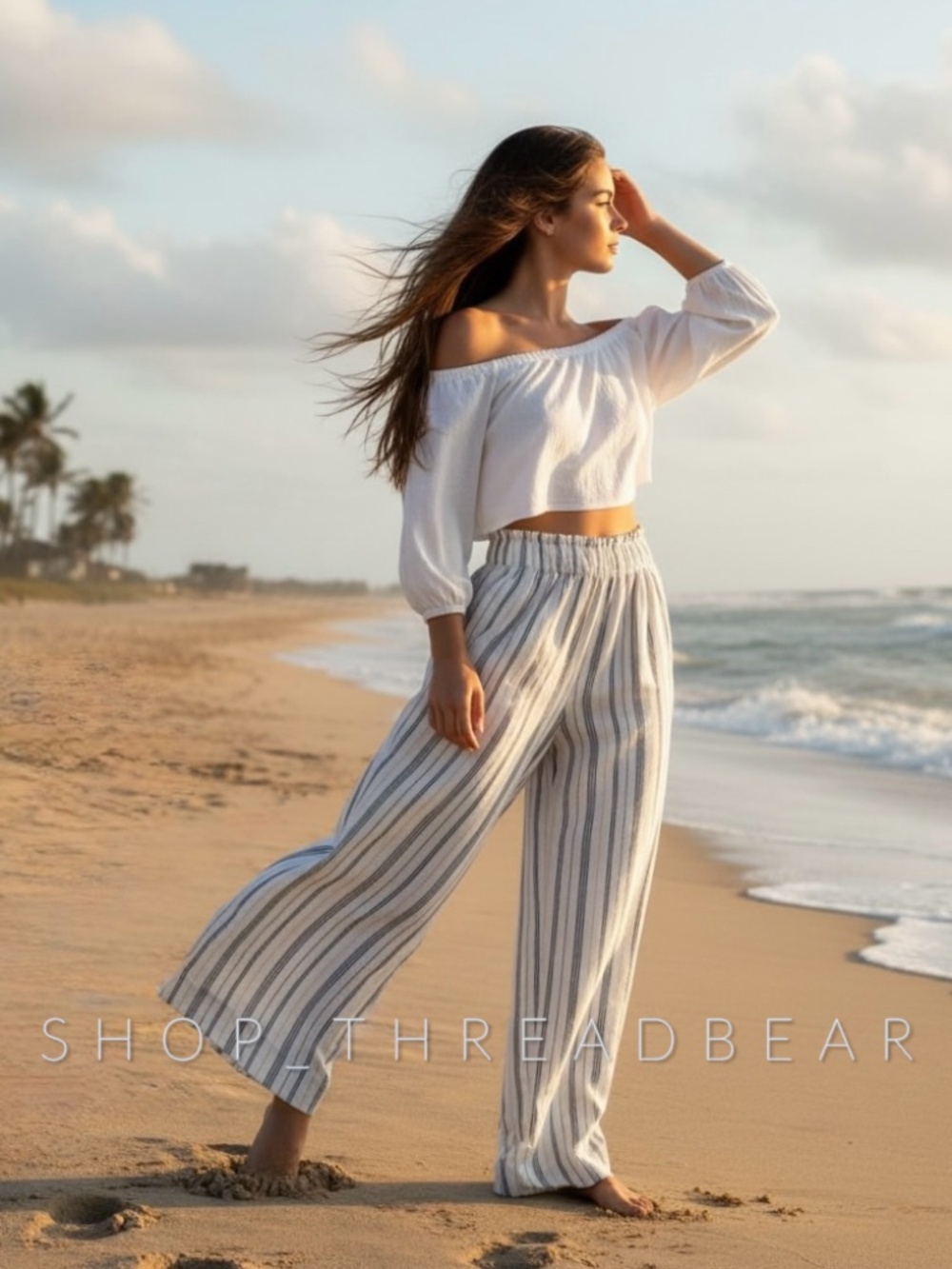 EUC [A&F] High Rise White + Striped Linen Wide Leg Abercrombie Beach Pants | XS